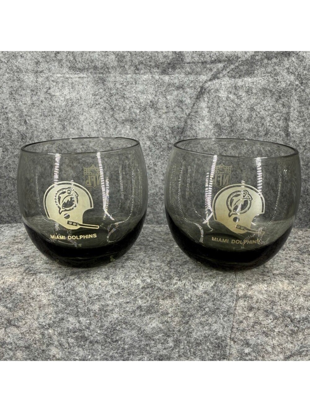 Pair of Vintage NFL Miami Dolphins Smoked Glass Roly-Poly Lowball Tumblers 233